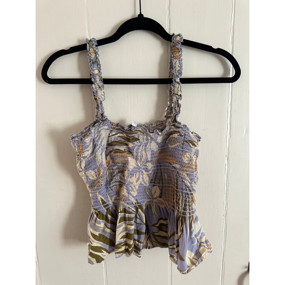 Patrons of Peace Womens Smocked Babydoll Top Lavender Tropical Floral‎ Medium